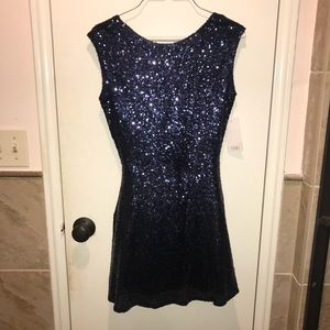 Navy blue sequin low v-back mini skater dress